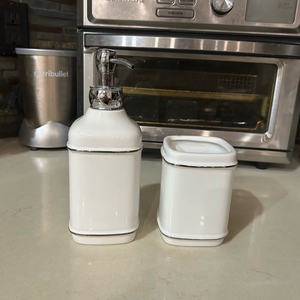 White Ceramic Soap Dispenser and Container Set